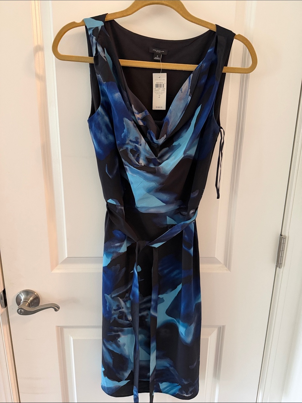 NWT Ann Taylor Blue & Black Cowl Neck Midi Dress